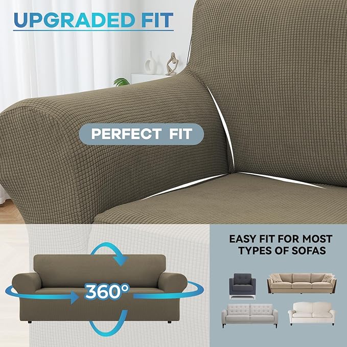 LURKA Stretch Sofa Slipcovers 1 Piece Couch Covers for 3 Cushion Couch Sofa Furniture Protector Full Sofa Covers with Elastic Bottom for Kids and Dog (Large, Khaki)