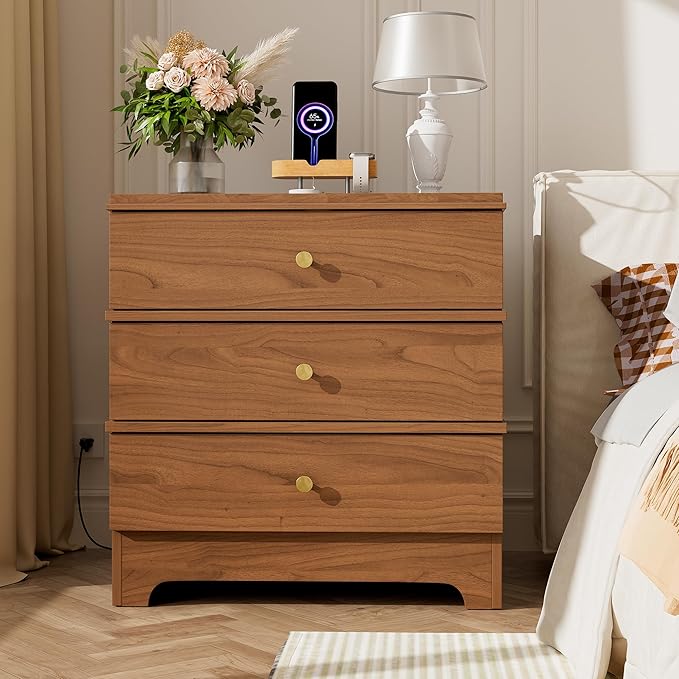 3 Drawer Nightstand with Charging Station,24" Farmhouse Night Stand & Modern Bedside Table, Wood End Table Storage Cabinet for Bedroom Hallway, Entryway,Brown