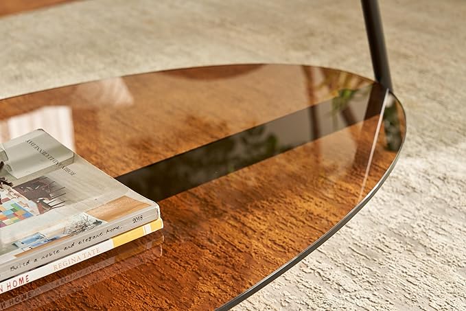 Shrine Glass Coffee Table, Black Walnut Table for Living Room, Glass and Wood Table, 43.3" D x 21.6" W x 15.7" H, Brown Glass Base, Walnut Wood Top&Black Metal Frame