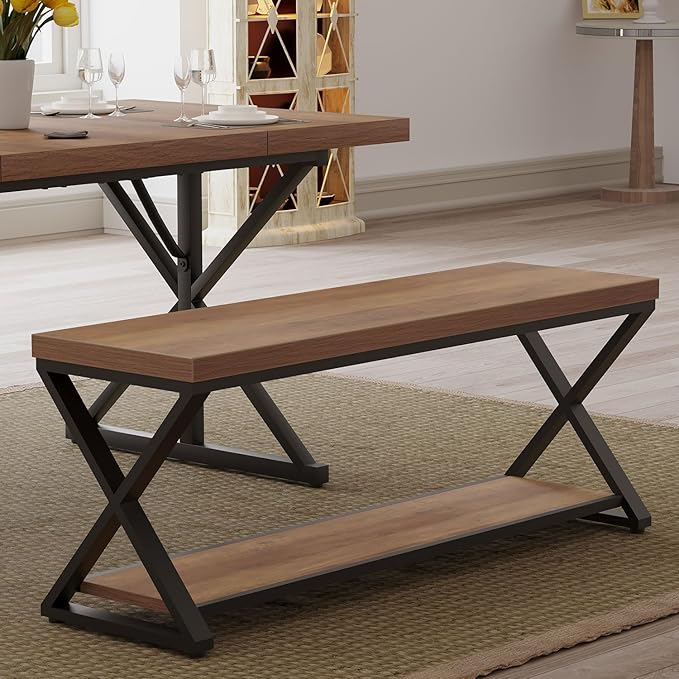 IBF Wood Entryway Bench, Wooden and Metal Bedroom Indoor Bench, Industrial Shoe Bench with Storage and Seating, Farmhouse Entry Bench for Foyer Entrance Hallway Living Dining Room, Rustic Oak, 47 Inch