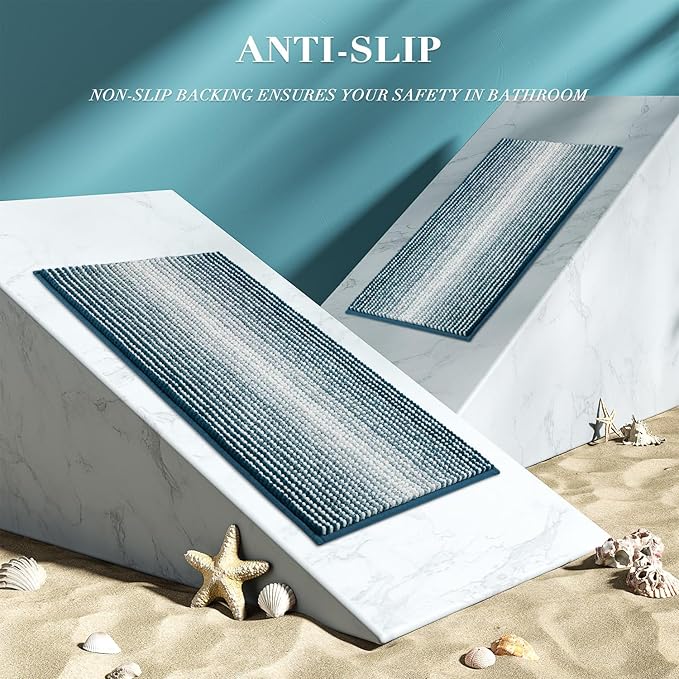 BSICPRO Bathroom Rugs and Mats Sets, 2 Piece Thick Absorbent Chenille Bath Mat Rug Set Non Slip, Soft Shaggy Bath Room Floor Mats for Bathroom, Machine Washable (Teal, 24" x 70" Plus 20" x 32")