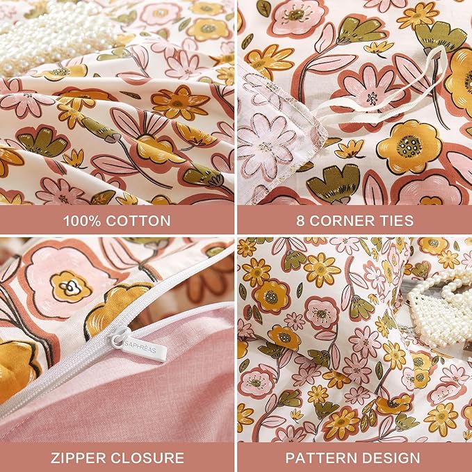 SAPHREAS Pink Floral Duvet Cover Set 3pcs King Size Garden Style Yellow Flowers Bedding Comforter Cover Set 100% Cotton 1 Duvet Cover 104"x90" 2 Pillow Shams, Comforter Not Included