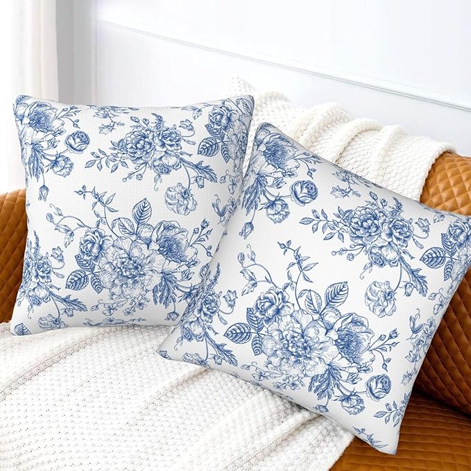 Blue and White Floral Throw Pillow Covers 18x18 Inch Set of 2 Chinoiserie Decorative Flower Pillows Cover Farmhouse Country Cushion Case of Sofa Living Room Bedroom