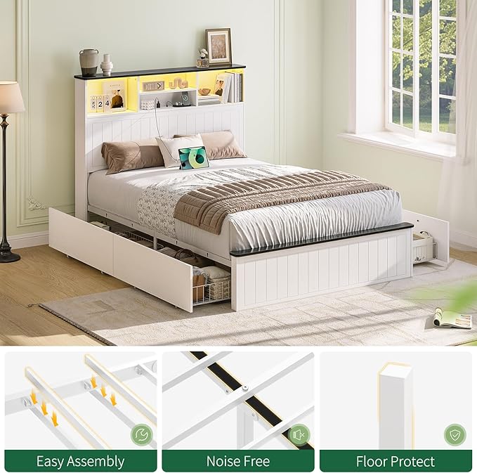 Yoobure Full Size Bed Frame with Headboard - Farmhouse Wood Bed Frames with 4 Storage Drawers, Platform Beds with Charging Station & LED Light, No Noise Double Bedframe, No Box Spring Needed, White