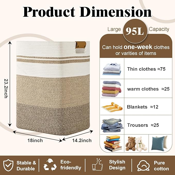Laundry Hamper, 95L Tall Laundry Basket with Leather Handles, Rectangle Large Clothes Hamper for Organizing, Cotton Woven Laundry Baskets Storage Hampers for Bedroom, Nursery, Living Room