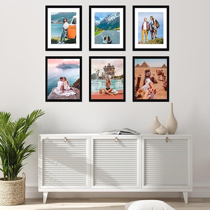 FIXSMITH 11x14 Picture Frame Set of 6, Black Photo Frames Bulk with HD Plexiglass, Display Pictures 8x10 with Mat or 11x14 Without Mat, Multi Picture Frames Collage for Wall Decor
