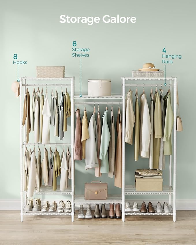 SONGMICS Portable Wardrobe Closet Heavy Duty Clothes Rack, Freestanding Closet Organizer, Metal Garment Rack with Adjustable Wire Shelves, Hanging Rods, Hooks, Dividable, Cloud White ULGR431W01