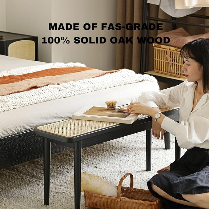 39.4'' Natural Rattan Dining Bench with 100% Solid Oak Wood Bench Frame, Bed End Shoe Ottoman for Kitchen Bedroom Entryway, Black