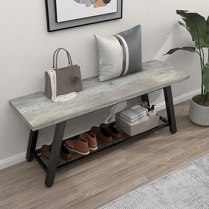 Grey Storage Bench Industrial Rustic Wooden and Metal Entryway Shoe Boots Storage Rack Long Bench Seat for Hallway Bedroom Rustic Farmhouse Style