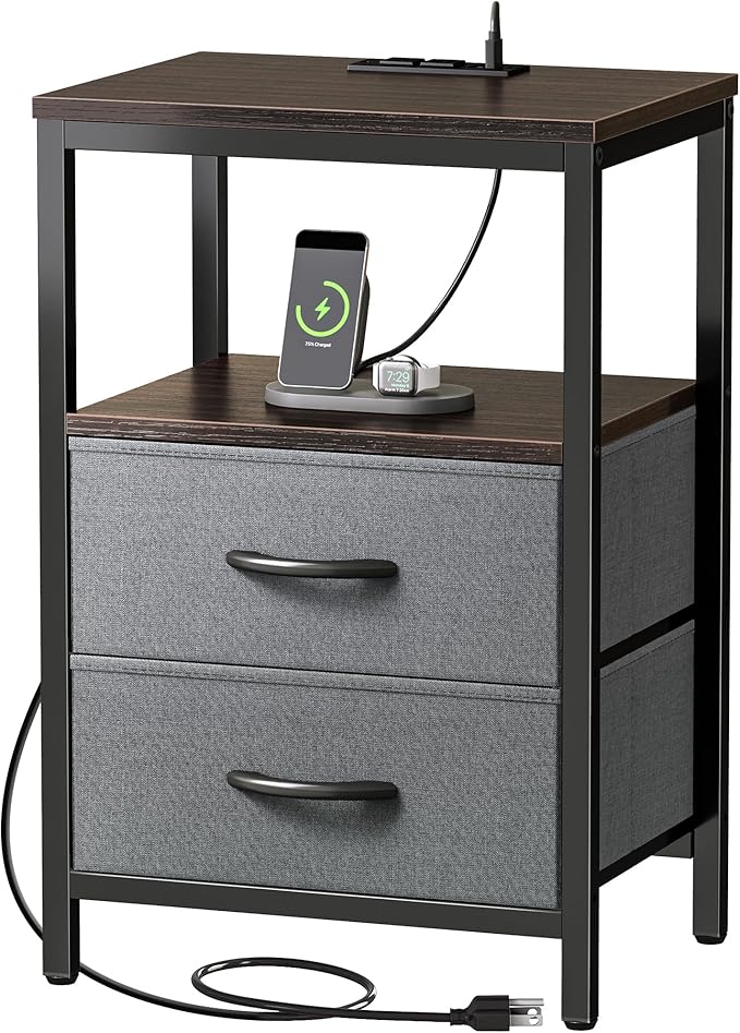 Huuger Nightstand with Charging Station, Fabric Drawers, End Table with Open Shelf, Bedside Table with USB Ports and Outlets, Night Stand for Bedroom, Walnut