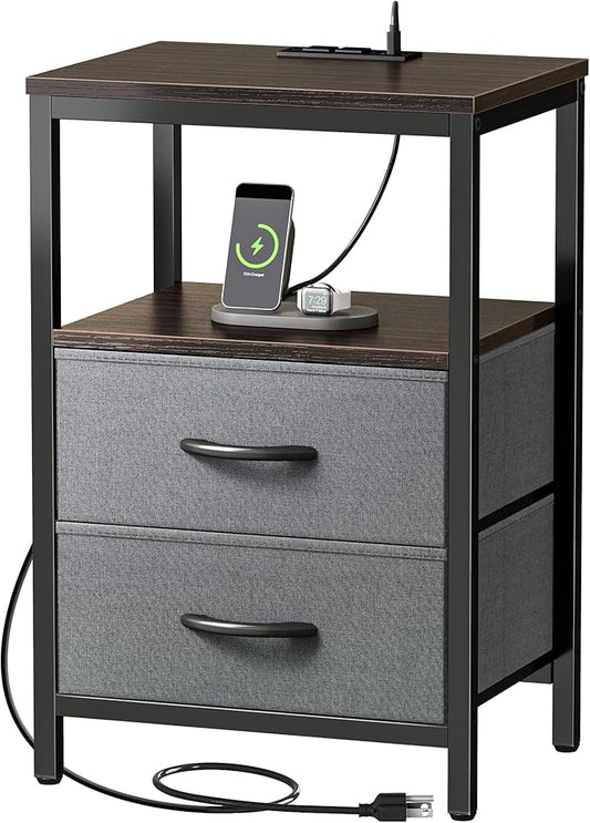 Huuger Nightstand with Charging Station, Fabric Drawers, End Table with Open Shelf, Bedside Table with USB Ports and Outlets, Night Stand for Bedroom, Walnut