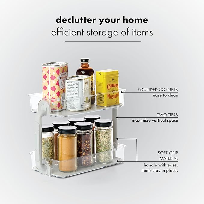 madesmart Two Level Spice Organizer-Cabinet Collection Maximizes Vertical Space, Removable Soft-Grip Lining, Dual Handles &BPA-Free, Small, Grey