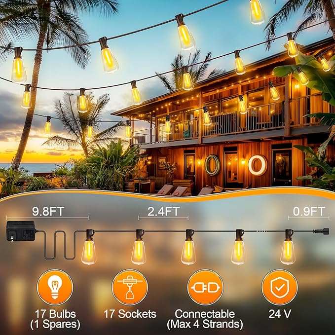 Outdoor String Led Patio Lights - 50Ft 15M Outside Waterproof Light With Remote Dimmable ST38 Shatterproof Bulb Connectable Hanging Outdoor Electric Lighting For Backyard Yard Gazebo Porch Party