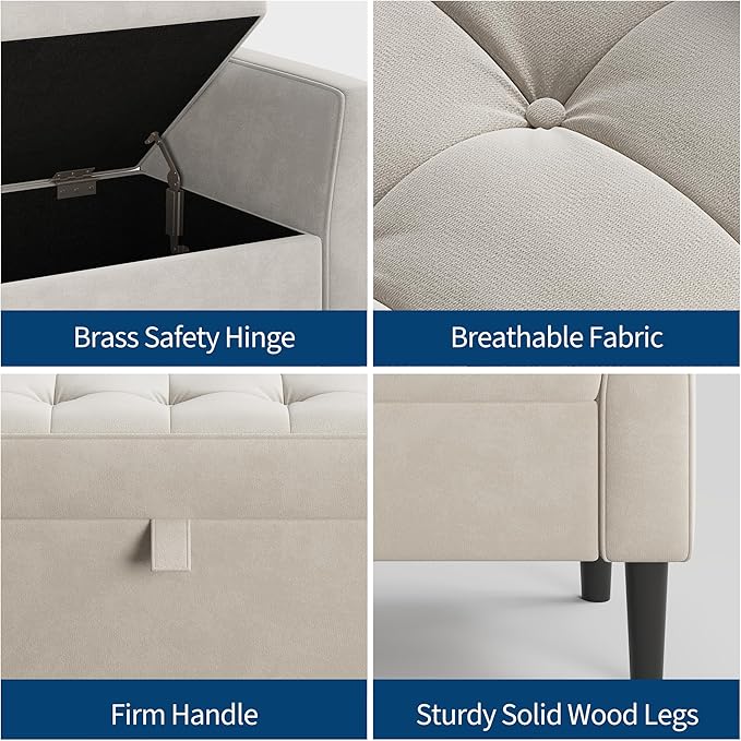 46.5" Storage Ottoman Bench – Upholstered End-of-Bed Storage Chest with Rolled Armrests & Wood Legs, Entryway Shoe Bench and Footrest Seat for Hallway, Bedroom & Living Room & Walk-in Closet（Beige）