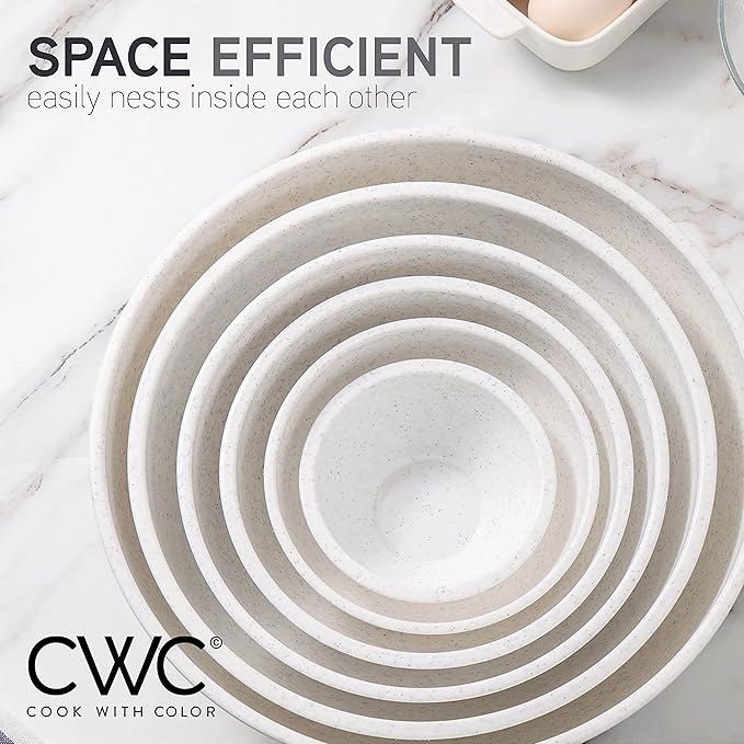 COOK WITH COLOR Mixing Bowls with TPR Lids - 12 Piece Plastic Nesting Bowls Set includes 6 Prep Bowls and 6 Lids, Microwave Safe Mixing Bowl Set (Speckled White)