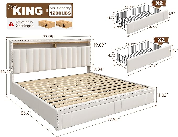 EnHomee King Size Bed Frame, Upholstered King Bed Frame with 4 Storage Drawers & 2-Tier Headboard Shelves, 1200LBS Heavy Duty, No Box Spring Needed, Easy Assembly, Beige