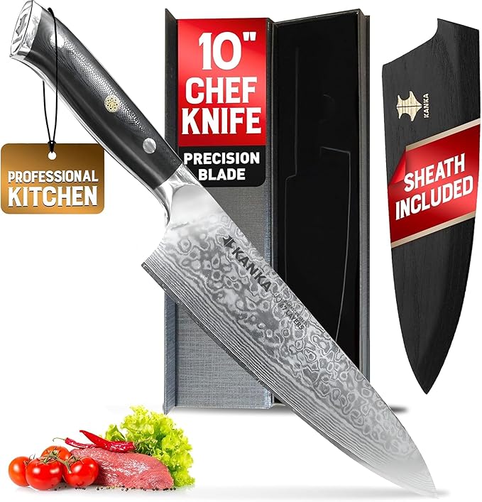 KANKA 10-inch 67 Layers Damascus Steel Profesional Chef Knife - Extra Long, G10 Black Fiberglass Handle, Razor Sharp Knife. Wood Sheath Included.