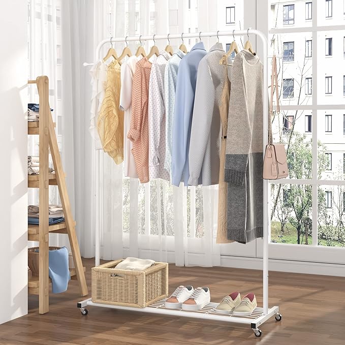 Sywhitta Clothing Rack on Wheels with Mesh Storage Shelf & Sturdy Metal Frame, Rolling Garment Rack for Hanging Clothes, Coats, Skirts, 39.76" L x 16" W x 64.56" H,White