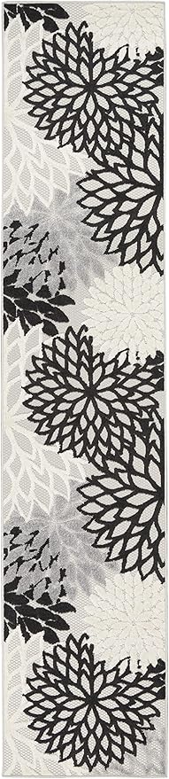 Nourison Aloha Indoor/Outdoor Black White 2'3" x 12' Area Rug, Tropical, Botanical, Easy Cleaning, Non Shedding, Bed Room, Living Room, Dining Room, Deck, Backyard, Patio (2x12)