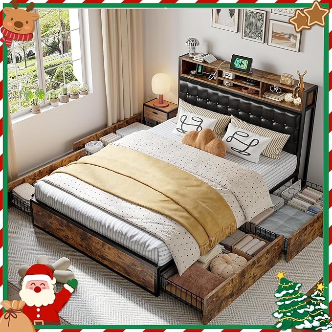 EnHomee Full Bed Frame with 4 Storage Drawers and Headboard Upholstered Bed Frame Full Size with Charging Station, No Noise, Metal Support, No Box Spring Needed,Vintage Brown