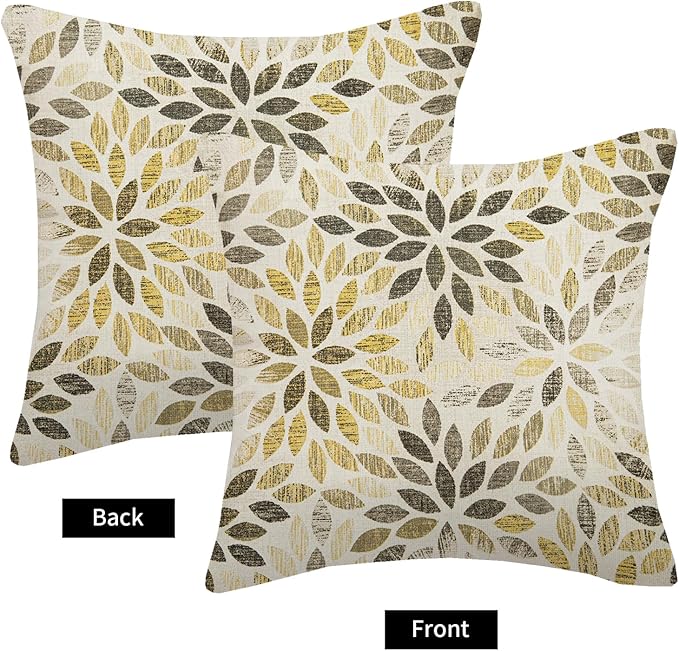 Grey Yellow Black Pillow Covers 18x18 Inch Set of 2 Summer Rust Geometric Flower Outdoor Decorative Throw Pillows Farmhouse Yellow Dahlia Pillow Case Linen Square Cushion Cover for Home Sofa Bedroom
