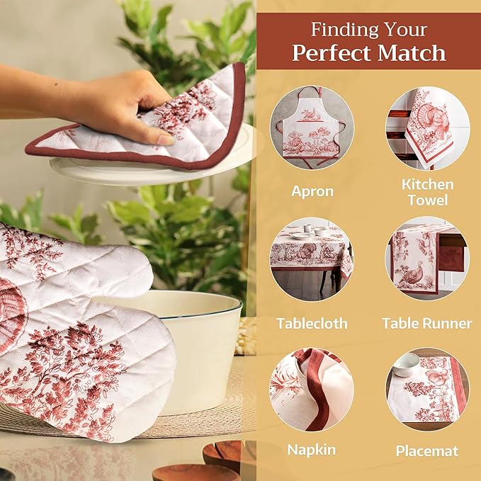 Maison d' Hermine 100% Cotton Oven Mitt & Pot Holder Set (7.5"x13" & 8"x8") Heat Resistant BBQ Cooking Gloves with Loop for Thanksgiving Christmas Decorations Handling Hot Pans (Holy Jouy - Brown)