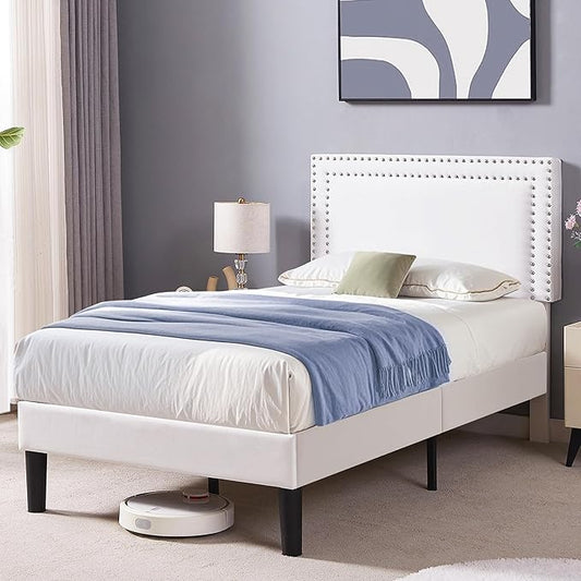 VECELO Twin Size Bed Frame Velvet Upholstered Platform with Headboard, Modern Mattress Foundation, Wood Slat Support, No Box Spring Needed, Noise-Free, Easy Assembly