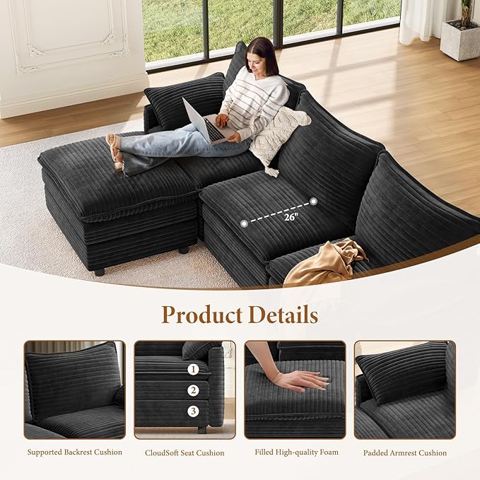 Vesgantti 101" V-Shaped Corner Couch Sectional, 7 Seat Customizable Modular Cloud Couches with Movable Ottoman, Corduroy Deep Seat Sofa Set with Chaise for Living Room, Bedroom and Apartment, Gray