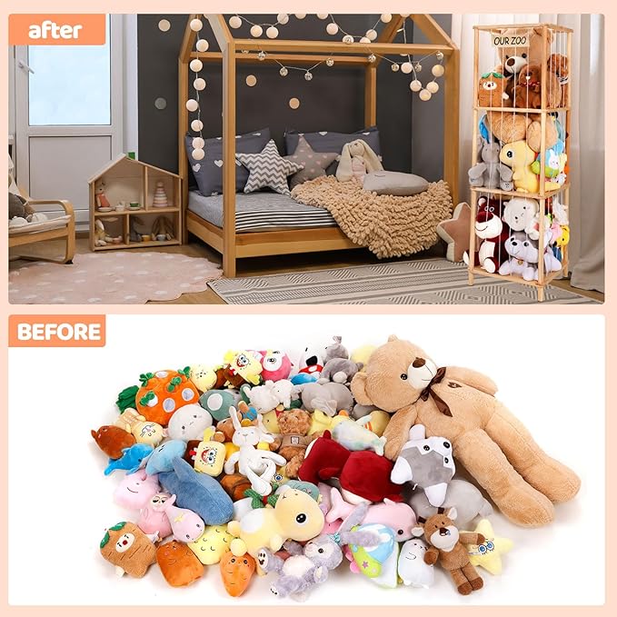 ACEPRUT Wood Stuffed Animal Storage Holder for 50 Plushies, Three Tier Vertical Large Stuffed Animal Zoo Organizer for Playroom Bedroom, Toy Storage Birthday Gifts for Kids