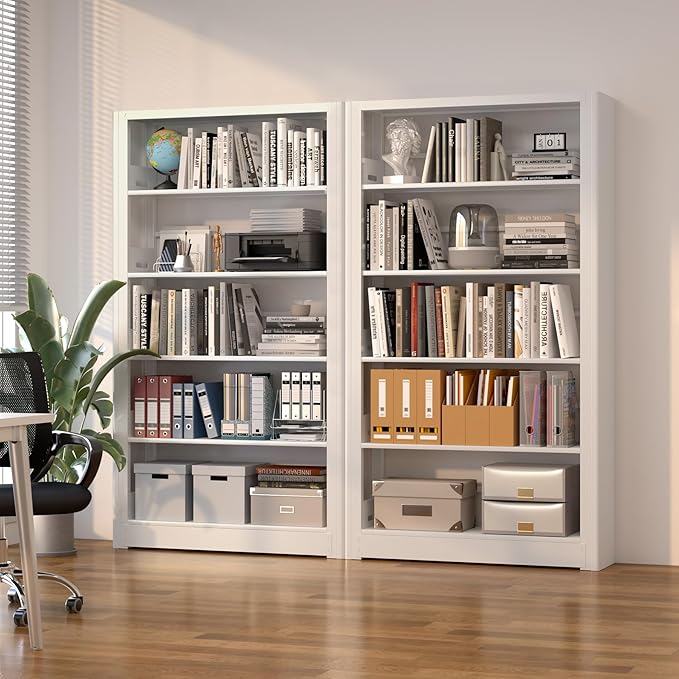 69” Tall Metal Bookshelf,5-Tier Bookcase with Adjustable Storage Shelves,Floor Standing Unit,Heavy Duty Bookcase for Home Office, Living Room, Bed Room,White Display Shelves,H69*W36*D11.8 Inch