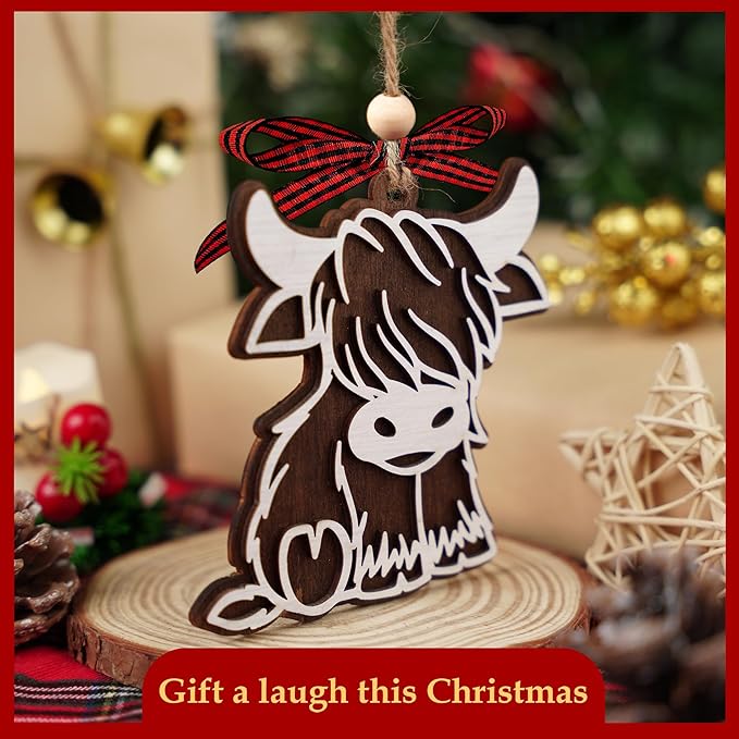 Highland Cow Ornament 2025-2 Layer Wooden Cow Ornaments for Christmas Tree - Highland Cow Gifts for Women - Cow Lover Gifts for Women - Amimal Lover Gift - Farm Animal Ornaments - Farmhouse Ornament