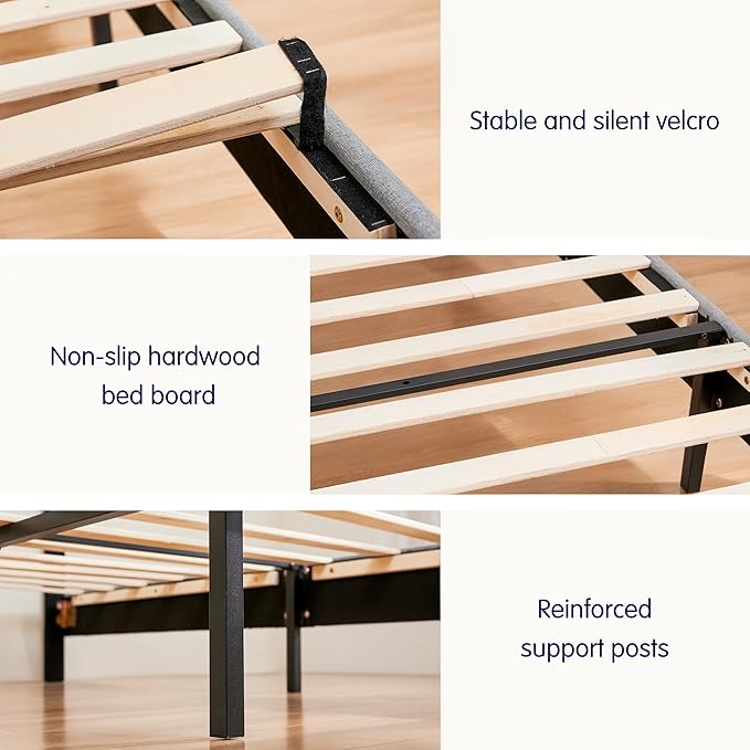 Hokway Bed Frame Upholstered Platform Bed with Headboard Wooden Slat Support No Box Spring Needed(Twin, Soft Beige)