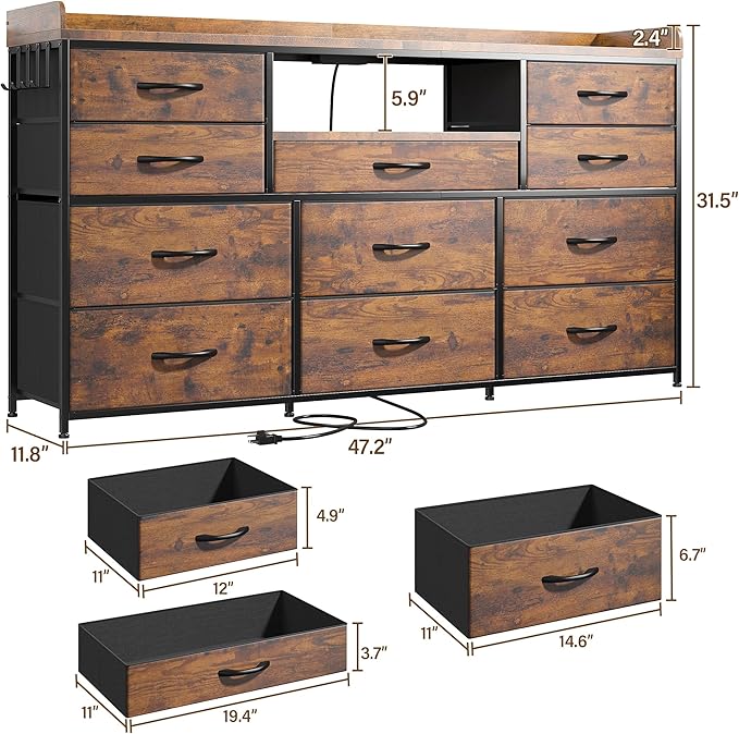 Dresser TV Stand with 11 Drawers for 60" TV Stand for Bedroom with LED Lights & Power Outlets Long Dresser for Bedroom with Shelves & 4 Hooks, Sturdy Metal Frame & Thick Wood Top, Rustic Brown