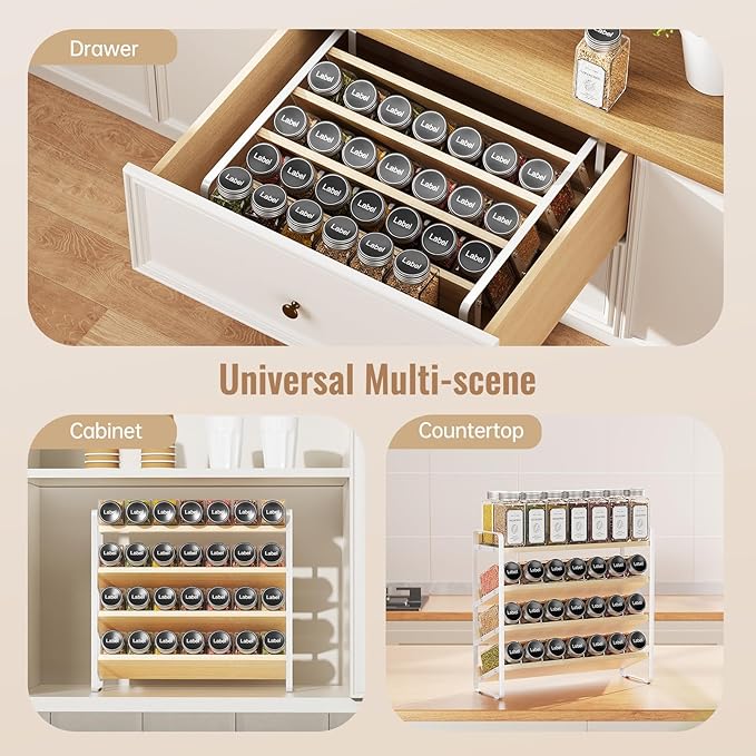 MUDEELA 4 Tier Spice Rack Organizer for Cabinet, Vertical Spice Shelf, Wooden Material, Seasoning Organizer for Countertop, Kitchen, Pantry, Freestanding, 13.4" W × 11.2" H (No Jars Included), White