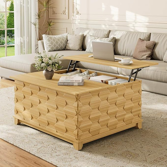 31.5'' Lift Top Coffee Table with Storage, Square Coffee Table for Living Room with Hidden Storage, Foldable Table with Embossed Texture, Dining Table for Coffee, Office, Dining, Natural