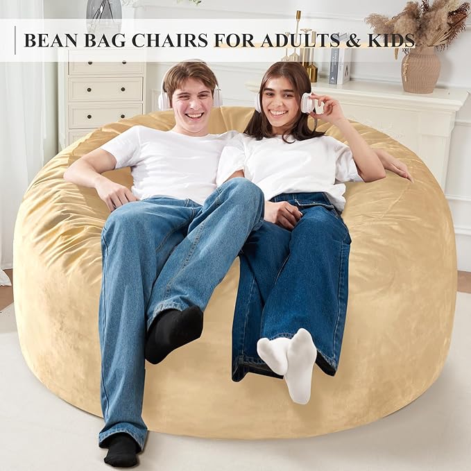 Homguava 5FT Bean Bag Chair Giant BeanBag with Memory Foam Filled, Comfy Bean Bag Chairs for Adults, Adult Bean Bag Chair with Dutch Velvet Cover for Living Room Bedroom-Khaki