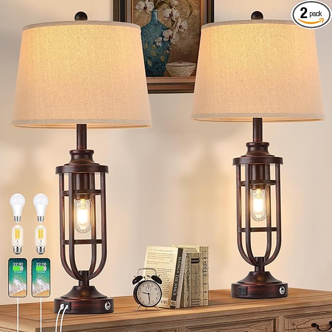 28" Table Lamps for Living Room Set of 2, Farmhouse Bedroom Lamps for Nightstand with USB A+C, Rustic Bedside Lamps for End Tables, Bulbs Included