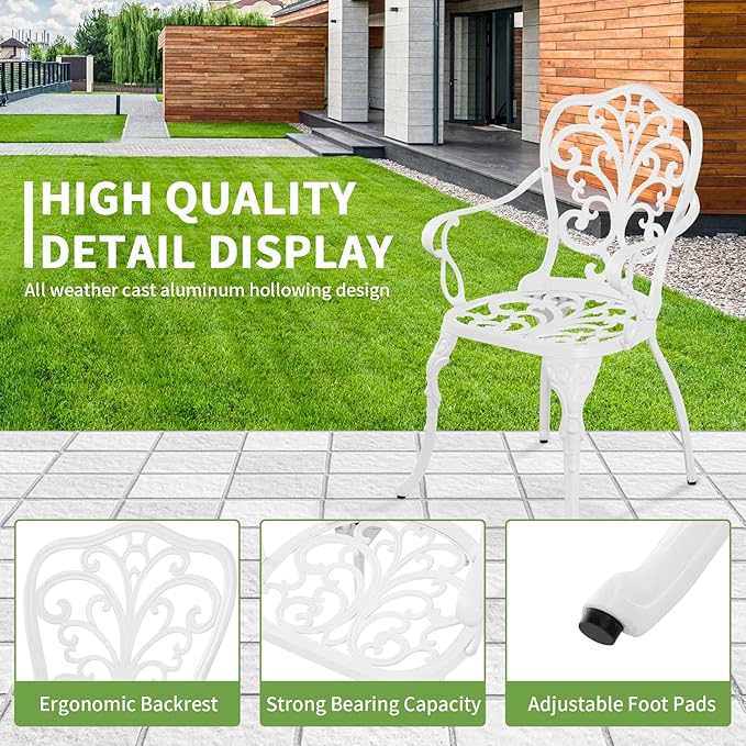 Cast Aluminum Bistro Table and Chairs Set of 2 with Umbrella Hole for Yard (WHITE1)