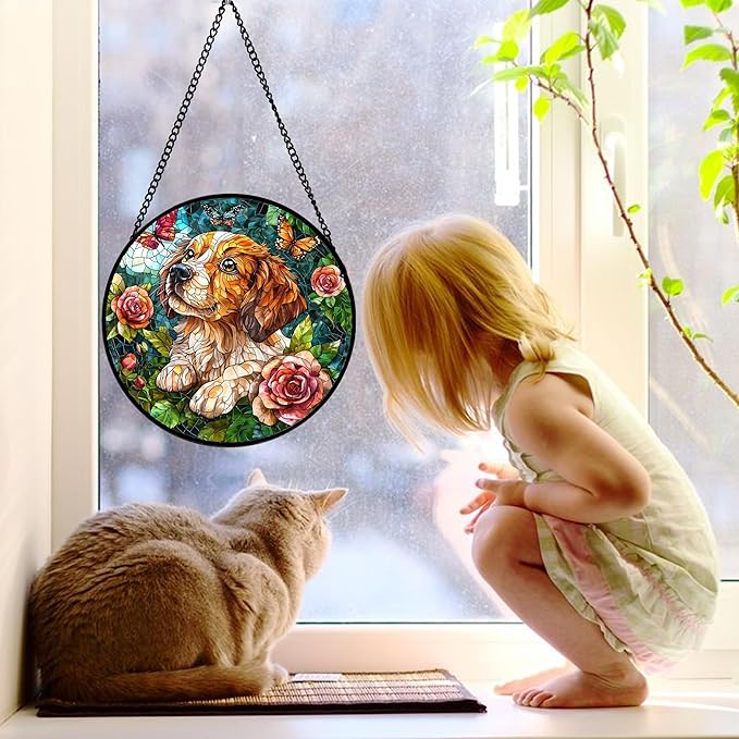 Stained Glass Window Hanging, Dog and Rose Suncatcher for Doors Home Butterfly Sun Catchers Decoration and Christmas, Mother's Day Birthday Gifts for Women, Men, and Mom 7.8 in