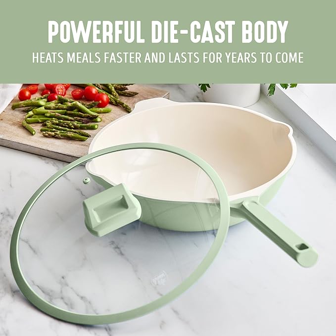 GreenLife Nonstick 12” (5QT) All in One Deep Skillet Wok with Lid, PFAS-Free Non-Toxic Ceramic Multi-Purpose Pan, Induction, All Stovetop, Egg, Stir Fry, Saute, Stay Cool Handle, Sage Green
