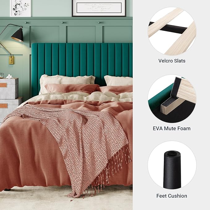 Allewie King Bed Frame, Velvet Upholstered Platform Bed with Adjustable Vertical Channel Tufted Headboard, Mattress Foundation with Strong Wooden Slats, Box Spring Optional, Easy Assembly, Teal