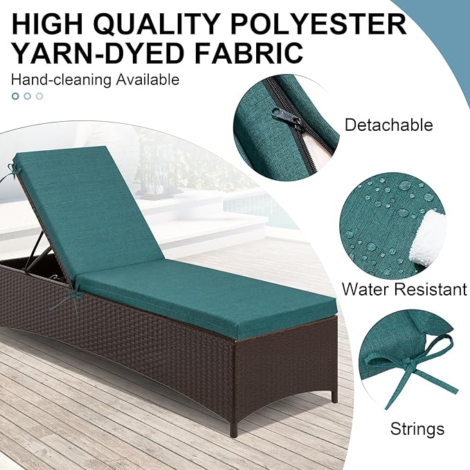 Crestlive Products Chaise Lounge Cushions Outdoor Set of 2, Lounge Chair Cushions for Patio Furniture, Waterproof Lounger Cushions for Pool, Deck, Lawn, 80''L x 23''W x 3''T, Malachite