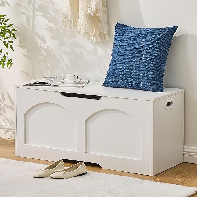 39.4" Storage Chest, Wooden Storage Bench, Storage Trunk, Chest with Lift Top, Large Box Entryway Bench, Supports 330 lb U-Shaped Opening for Entryway, Hallway, Living Room, Ivory White