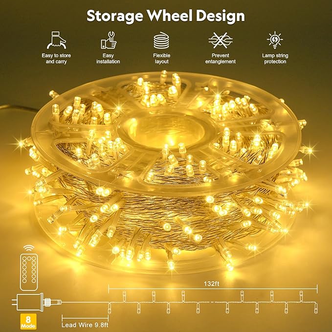 JMEXSUSS 400 LED String Lights Indoor Outdoor Waterproof, 132 ft Warm White Christmas Lights Plug in with Remote, 8 Modes Led String Lights for Outside Patio Holiday Party Bedroom Classroom Decor