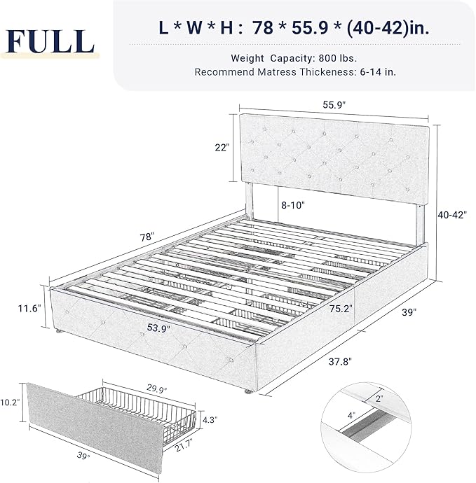 Allewie Upholstered Full Size Platform Bed Frame with 4 Storage Drawers and Headboard, Diamond Stitched Button Tufted, Mattress Foundation with Wooden Slats Support, No Box Spring Needed, Beige