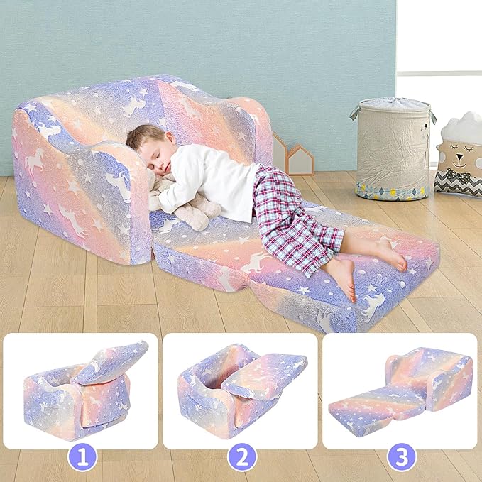 Kids Couch for Toddlers, 2-in-1 Kids Sofa Chair Glow in The Dark, Comfy Soft Foldable Toddler Couch Chair for Girls and Boys
