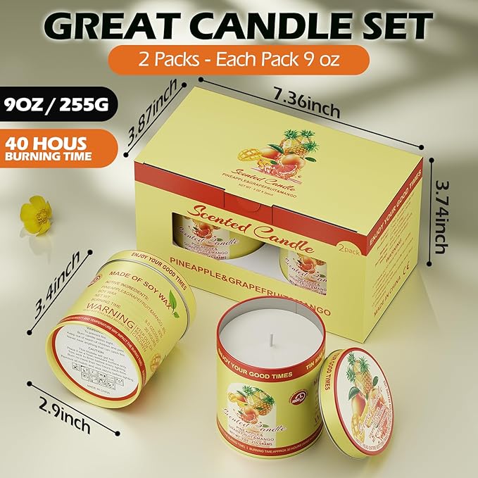 Pineapple Grapefruit Mango Scented Candles Set | 2 Pack 510g 8% Essential Oils 80H Burn | Smokeless Clean Burning Aromatherapy Tin Jar Candles for Home Relaxation, Yoga, Spa Gift for Men&Women