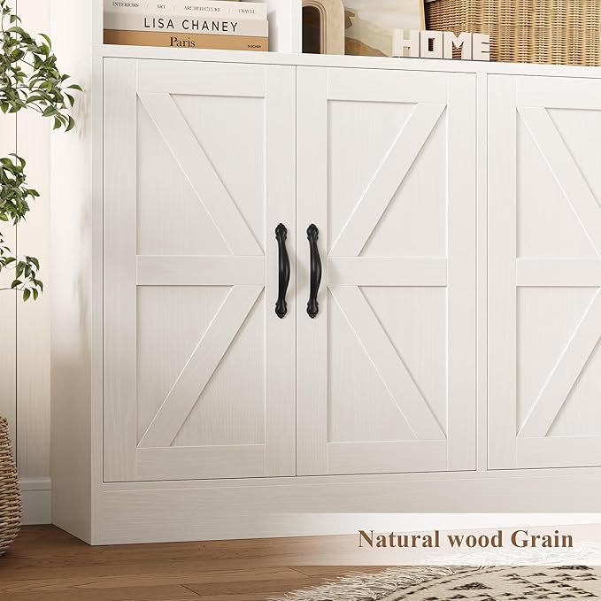 HOSTACK 75” Tall Book Shelf and Bookcase, White Bookshelf with Storage Cabinet, 47” Wide Bookcase with 4 doors, Standing Display Shelves, Modern Farmhouse Book Case for Living Room, Home Office, White