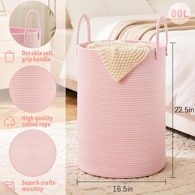 Laundry Basket,Woven Cotton Rope Laundry Hamper,80L for Decorative Storage of Dirty Clothes,Toys and Blankets in Bathroom,Baby Room and Living Room