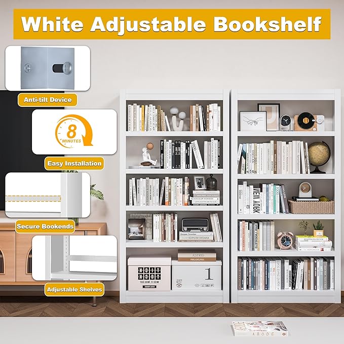 Metal Bookshelf, 5-Tier Bookcase with Adjustable Storage Shelves, White Book Shelf with Book Stopper, Modern Bookshelf for Living Room, Library, Home, Office
